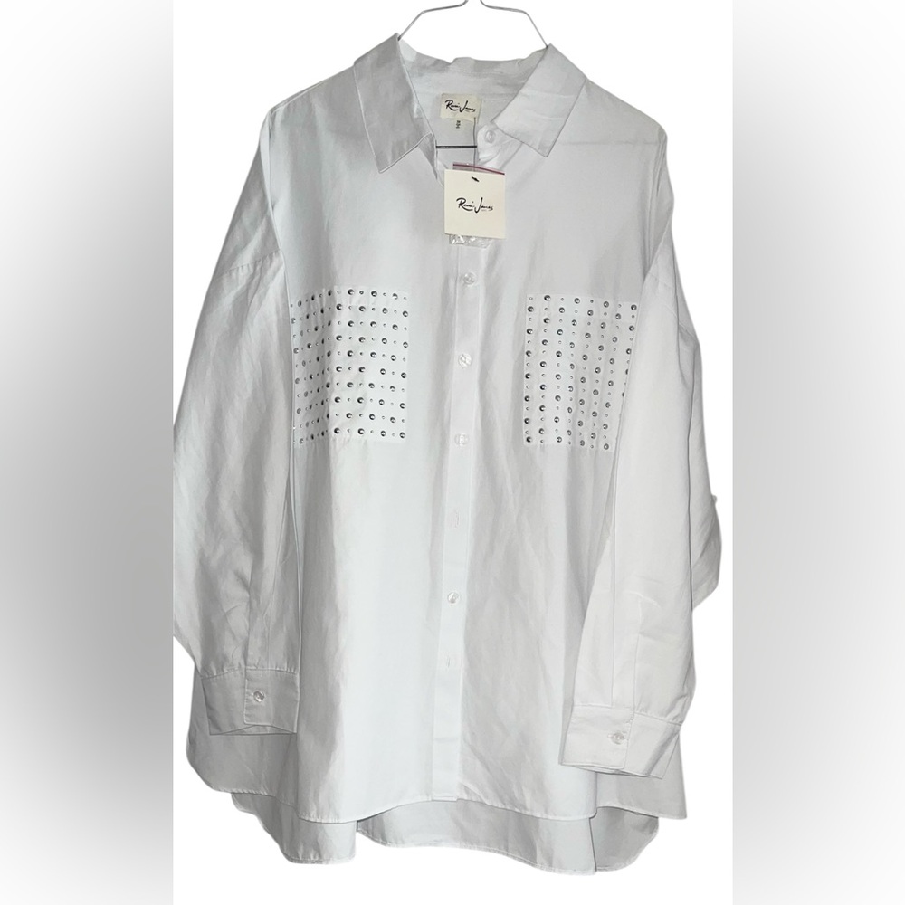 Remi James White Womens Casual Button Down Shirt with Studded Accents